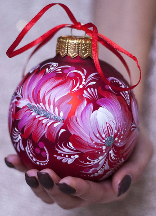 Red White Floral Christmas Bauble, Hand Painted Ornament9 photo