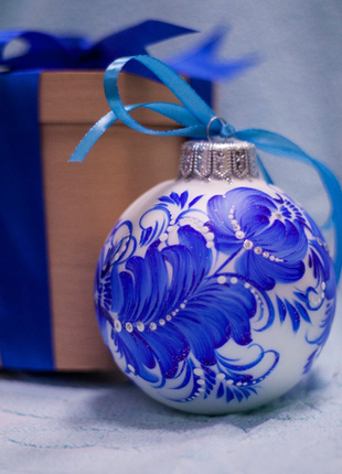 Blue and Silver Floral Christmas Ornament Original Ukrainian Hand Painted Glass Baubles2 photo