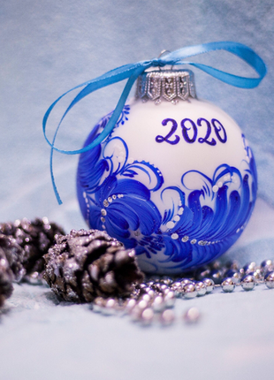 Blue and Silver Floral Christmas Ornament Original Ukrainian Hand Painted Glass Baubles3 photo