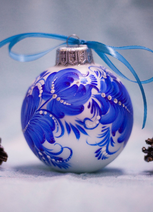 Blue and Silver Floral Christmas Ornament Original Ukrainian Hand Painted Glass Baubles4 photo