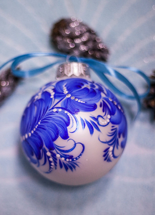 Blue and Silver Floral Christmas Ornament Original Ukrainian Hand Painted Glass Baubles5 photo