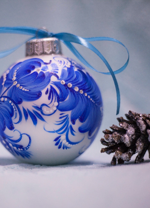 Blue and Silver Floral Christmas Ornament Original Ukrainian Hand Painted Glass Baubles6 photo