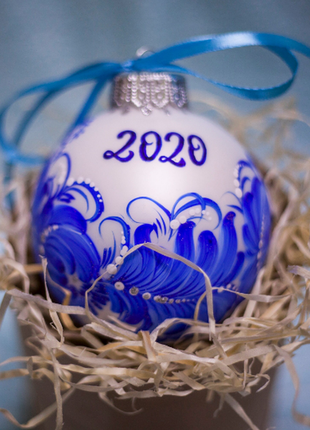 Blue and Silver Floral Christmas Ornament Original Ukrainian Hand Painted Glass Baubles7 photo