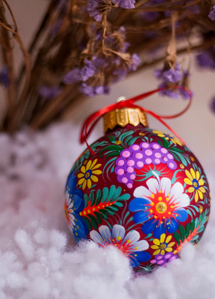 Petrykivka Hand Painted Bauble, Glass Red Ornament with Flowers2 photo