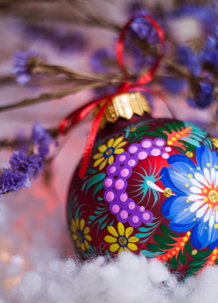 Petrykivka Hand Painted Bauble, Glass Red Ornament with Flowers4 photo