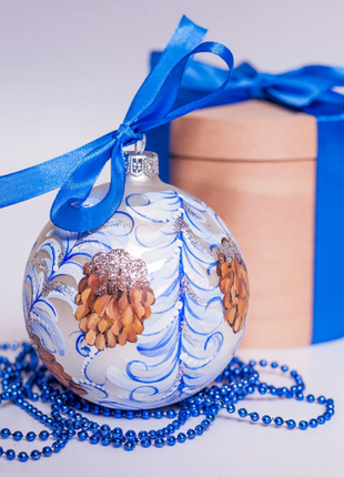 Frosted Pine Cones Ornament, Hand Painted Silver Glass Bauble4 photo