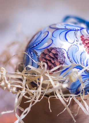 Frosted Pine Cones Ornament, Hand Painted Silver Glass Bauble5 photo