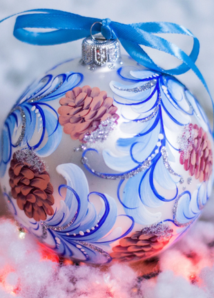 Frosted Pine Cones Ornament, Hand Painted Silver Glass Bauble7 photo
