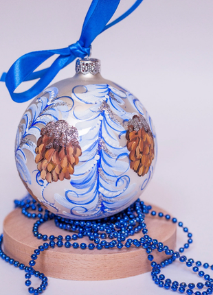 Frosted Pine Cones Ornament, Hand Painted Silver Glass Bauble1 photo