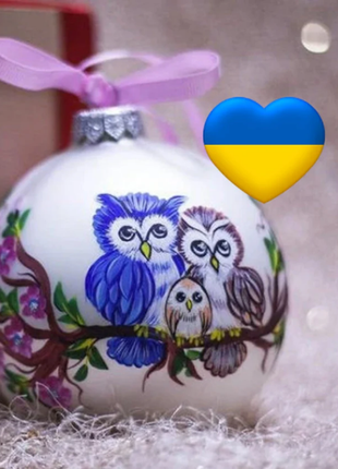 Owl Family on Sakura Ornament, Personalized Hand Painted Ornament