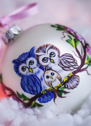 Owl Family on Sakura Ornament, Personalized Hand Painted Ornament2 photo