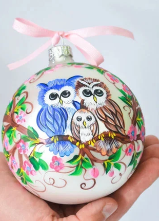 Owl Family on Sakura Ornament, Personalized Hand Painted Ornament3 photo