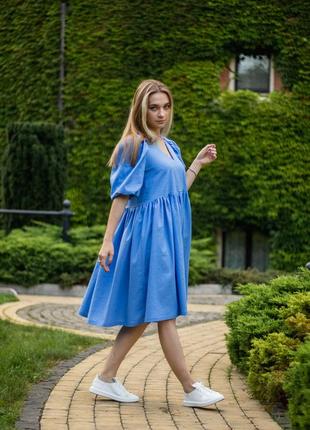 Linen dress with puffed sleeves3 photo