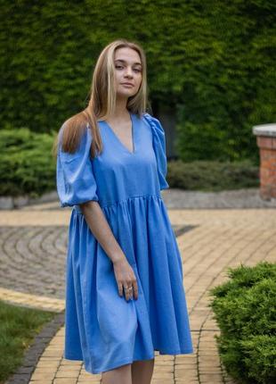 Linen dress with puffed sleeves
