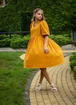 Linen dress with puffed sleeves3 photo