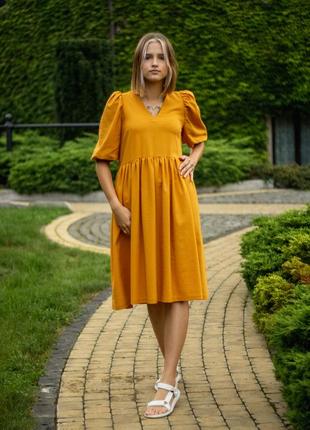 Linen dress with puffed sleeves1 photo
