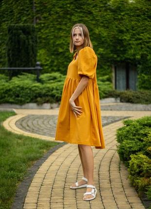 Linen dress with puffed sleeves2 photo