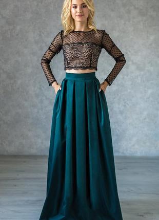 Elegant A-line skirt with pleats and pockets | Emerald
