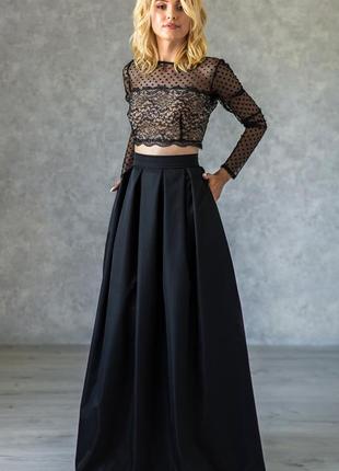 Elegant A-line skirt with pleats and pockets | Black