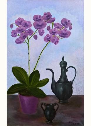 Orchid oil paintings. Still life with orchids flowers. Orchid flower art.