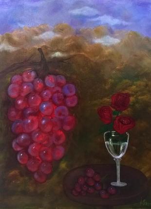 Still life with grapes and roses. Fruit still life painting
