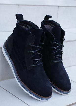 Blue men's boots made of natural suede. Stylish men's winter shoes3 photo