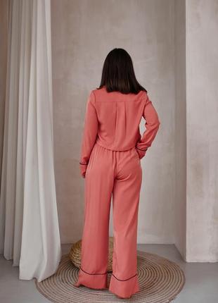 Staple pajama set in beautiful coral color. Crop-top shirt and wide leg trousers lounge set.3 photo