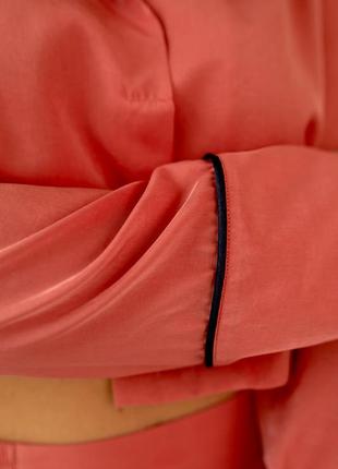 Staple pajama set in beautiful coral color. Long shirt and wide leg trousers lounge set.6 photo