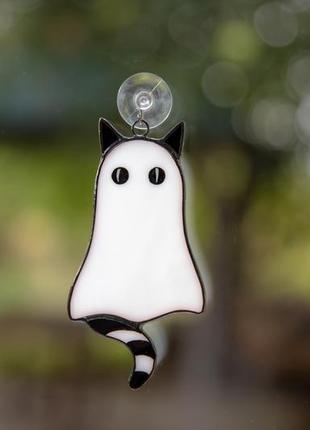 Striped cat ghost stained glass suncatcher