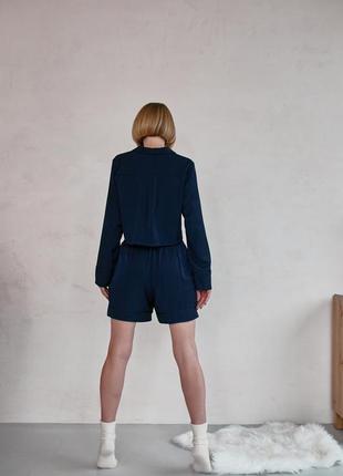 Crop-top shirt and wide leg shorts lounge set. Staple pajama set in beautiful navy blue color.4 photo
