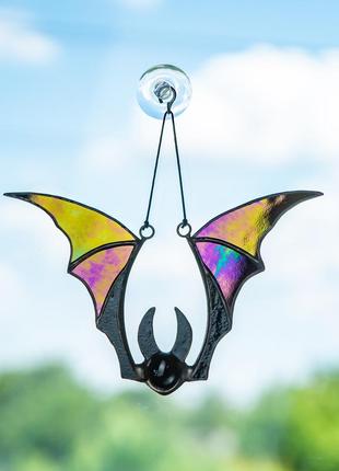 Iridescent bat stained glass suncatcher