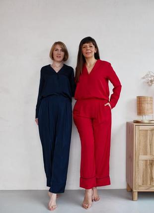 Staple pajama set in beautiful navy blue color. Long shirt and wide leg trousers lounge set.