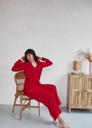 Staple pajama set in beautiful red color. Long shirt and wide leg trousers lounge set.