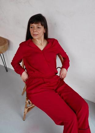 Staple pajama set in beautiful red color. Long shirt and wide leg trousers lounge set.5 photo