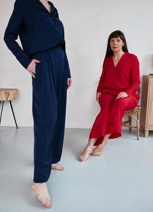 Staple pajama set in beautiful navy blue color. Long shirt and wide leg trousers lounge set.2 photo