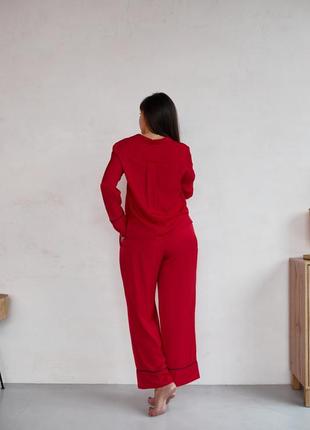 Staple pajama set in beautiful red color. Long shirt and wide leg trousers lounge set.2 photo