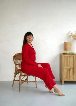 Staple pajama set in beautiful red color. Long shirt and wide leg trousers lounge set.3 photo