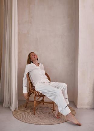 Ivory silk pajama set. Long shirt and wide leg pants lounge set.6 photo