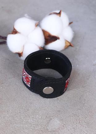 Leather individual bracelet for men with a fabric insert on a metal button/ Black6 photo
