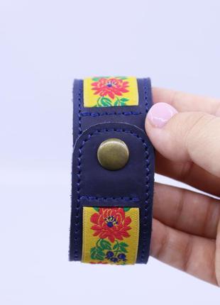 Genuine blue leather bracelet with fabric insert on metallic button4 photo