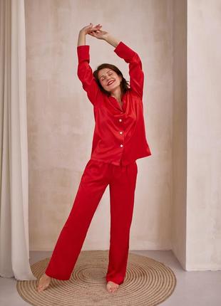 Elegant red silk loungewear two-piece set. Classic silk long pajama set.2 photo