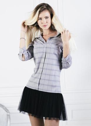 Gray tartan Shirtdress with black tulle skirt7 photo