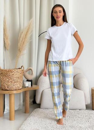 COZY checkered yellow/grey pajama set for women pants + t-shirt1 photo