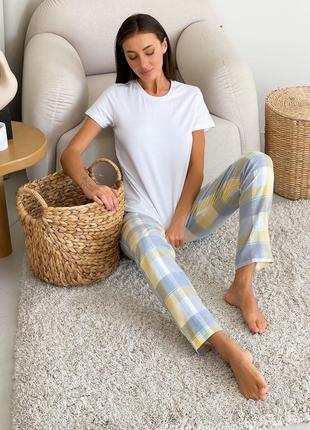 COZY checkered yellow/grey pajama set for women pants + t-shirt6 photo