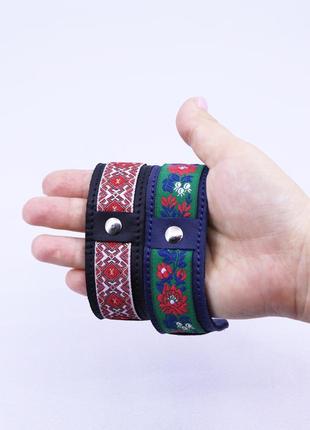 Custom leather bracelet with fabric insert on metallic button8 photo