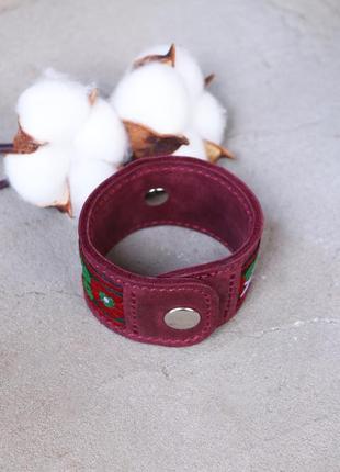 Handcrafted purple leather bracelet with fabric insert on metallic button6 photo