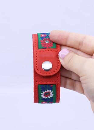 Red leather cuff bracelet with fabric insert on metallic button3 photo