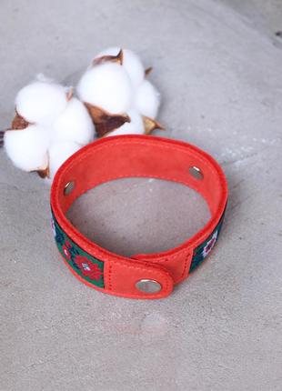 Red leather cuff bracelet with fabric insert on metallic button5 photo