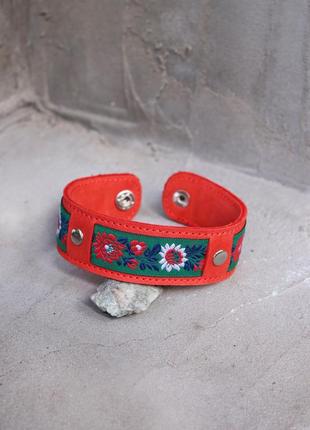 Red leather cuff bracelet with fabric insert on metallic button7 photo