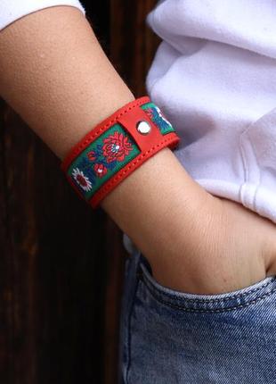 Red leather cuff bracelet with fabric insert on metallic button2 photo
